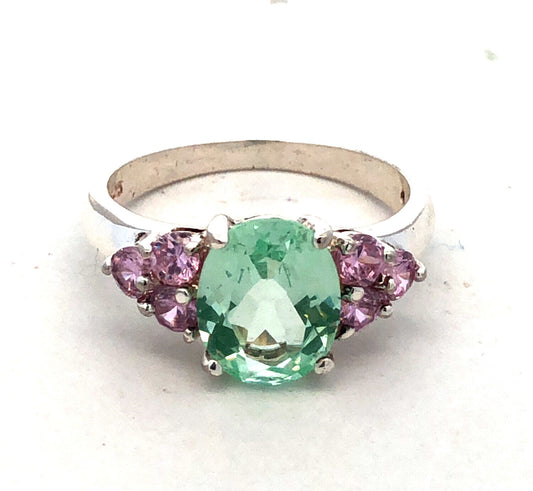 Designer HAN 925 Sterling Silver Oval Seyfoam Green Pink CZ Accent Cocktail Ring