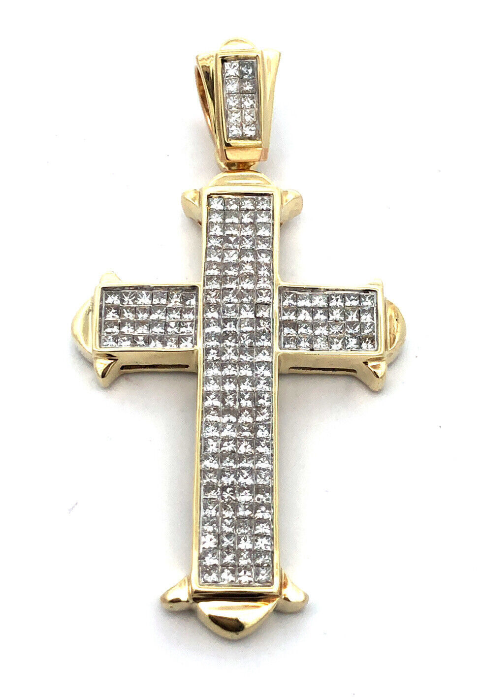 Custom 14K Yellow Gold Princess Diamond Statement Religious Cross Pendant