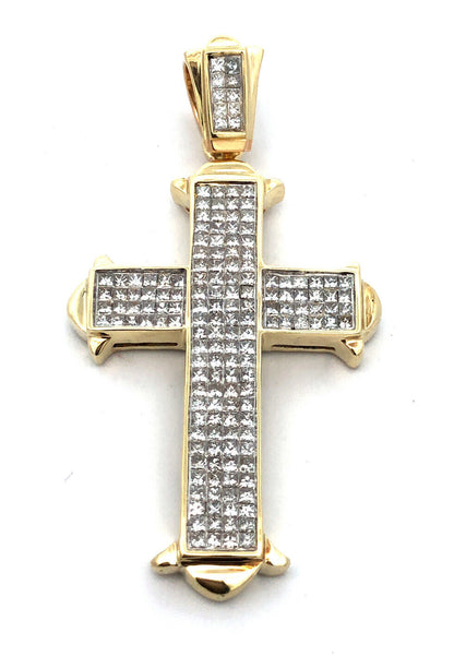 Custom 14K Yellow Gold Princess Diamond Statement Religious Cross Pendant
