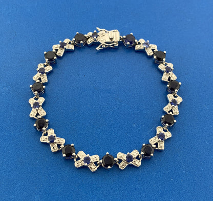 Designer 925 Sterling Silver Blue Sapphire Diamond X O Statement Tennis Bracelet