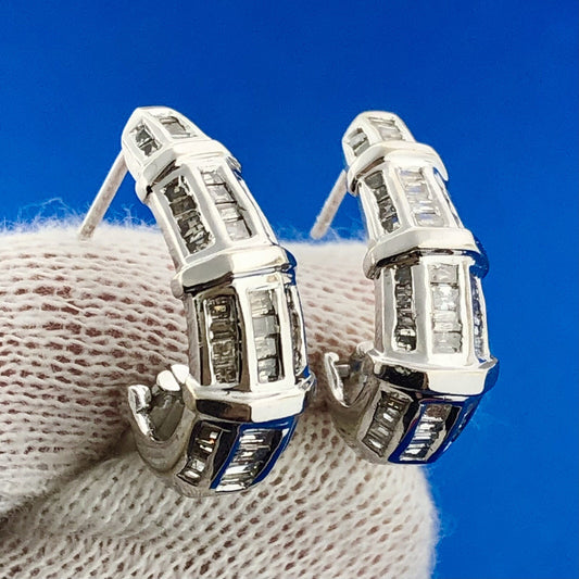 Stunning 14K White Gold Diamond J Hoop Omega Back Wedding Occasion Earrings