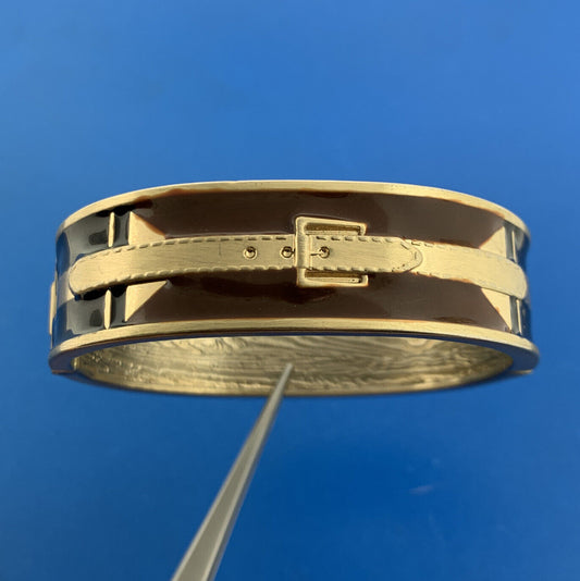 1980's Gold Tone Black Brown Gold Enamel Belt Buckle Design Hinged Cuff Bracelet