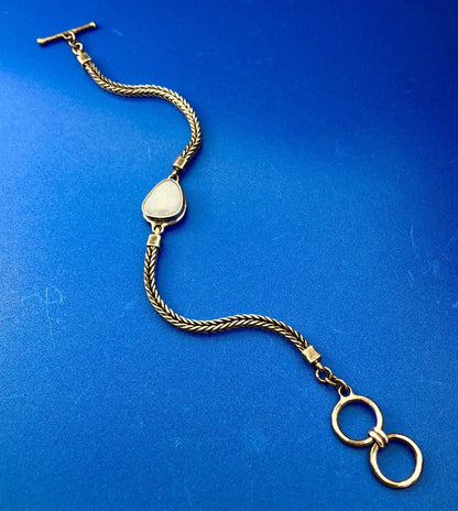 Vintage Sterling Silver 925 Trilliant Opal Cabochon Wheat Link Toggle Bracelet