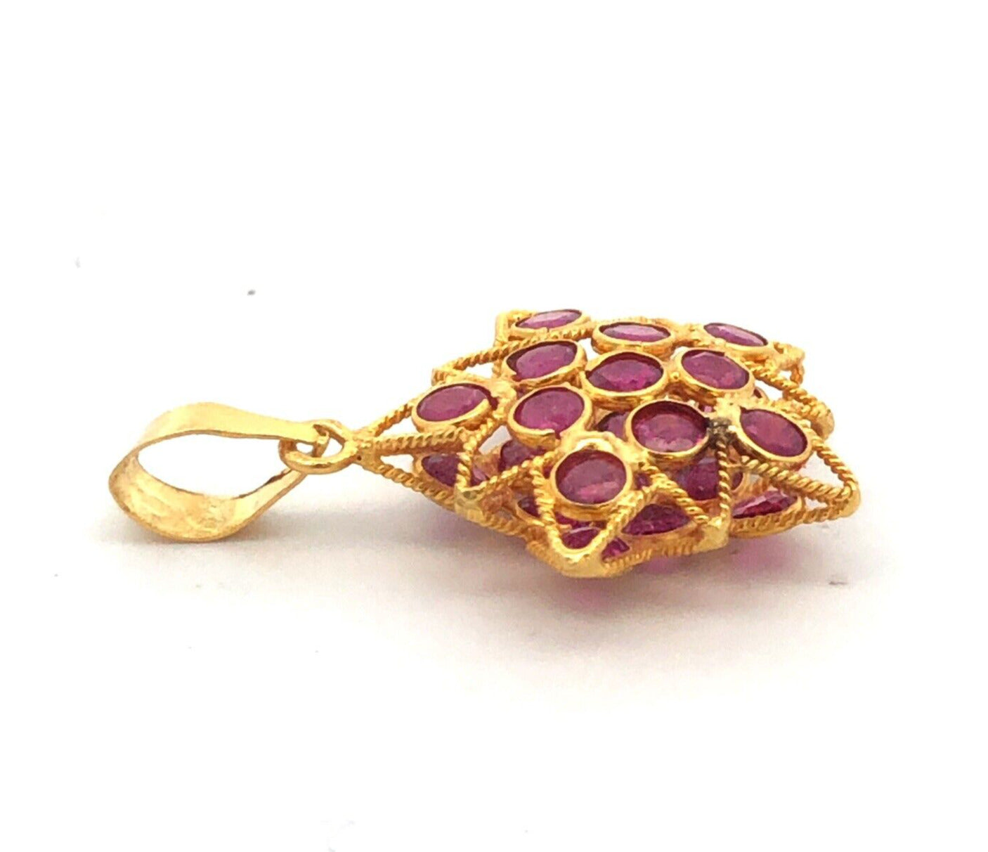 Designer 18K Yellow Gold Round Ruby Cluster Star Snowflake Pendant