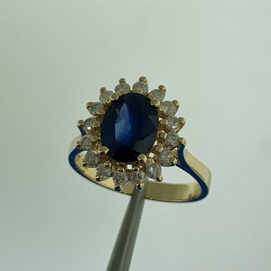 Designer 14K Yellow Gold Sapphire Diamond Halo September Anniversary Ring