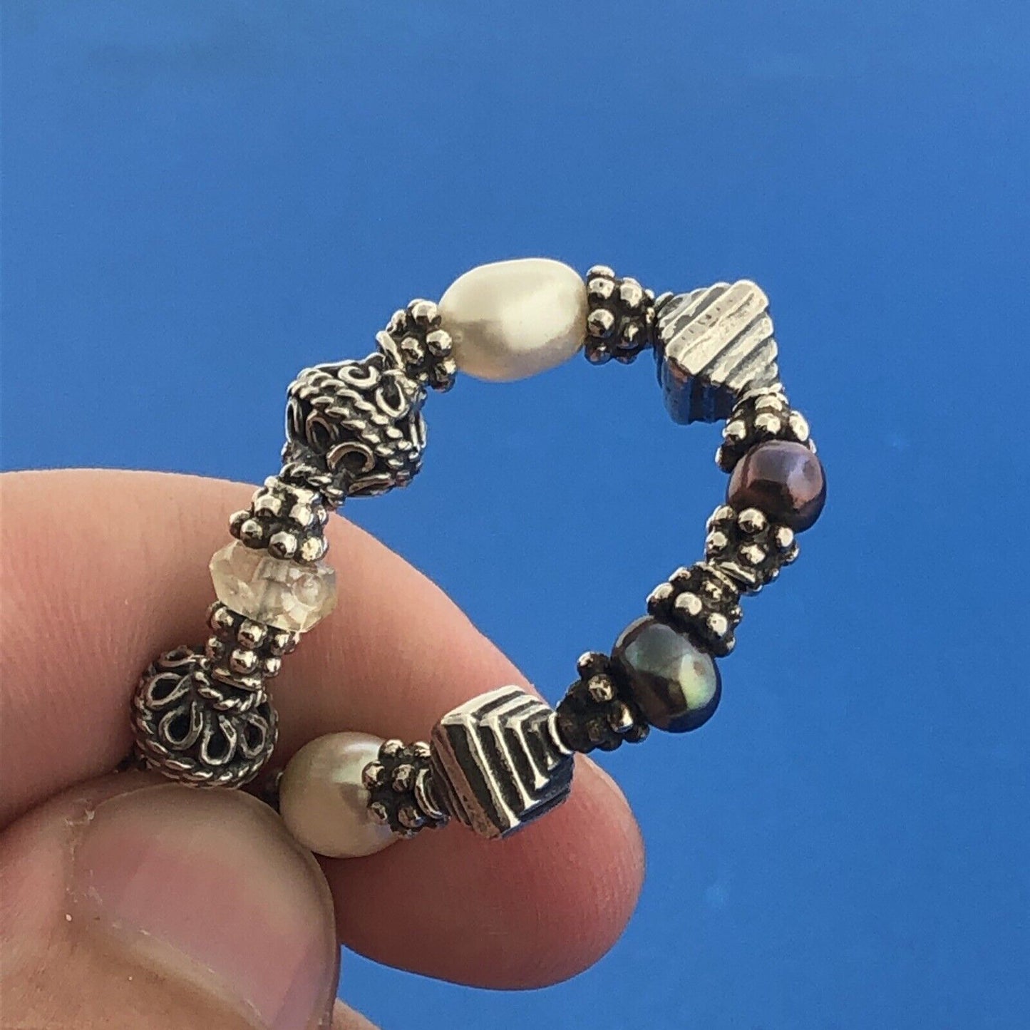 Artisan Sterling Silver 925 Pearl Crystal Bead Toggle Bracelet