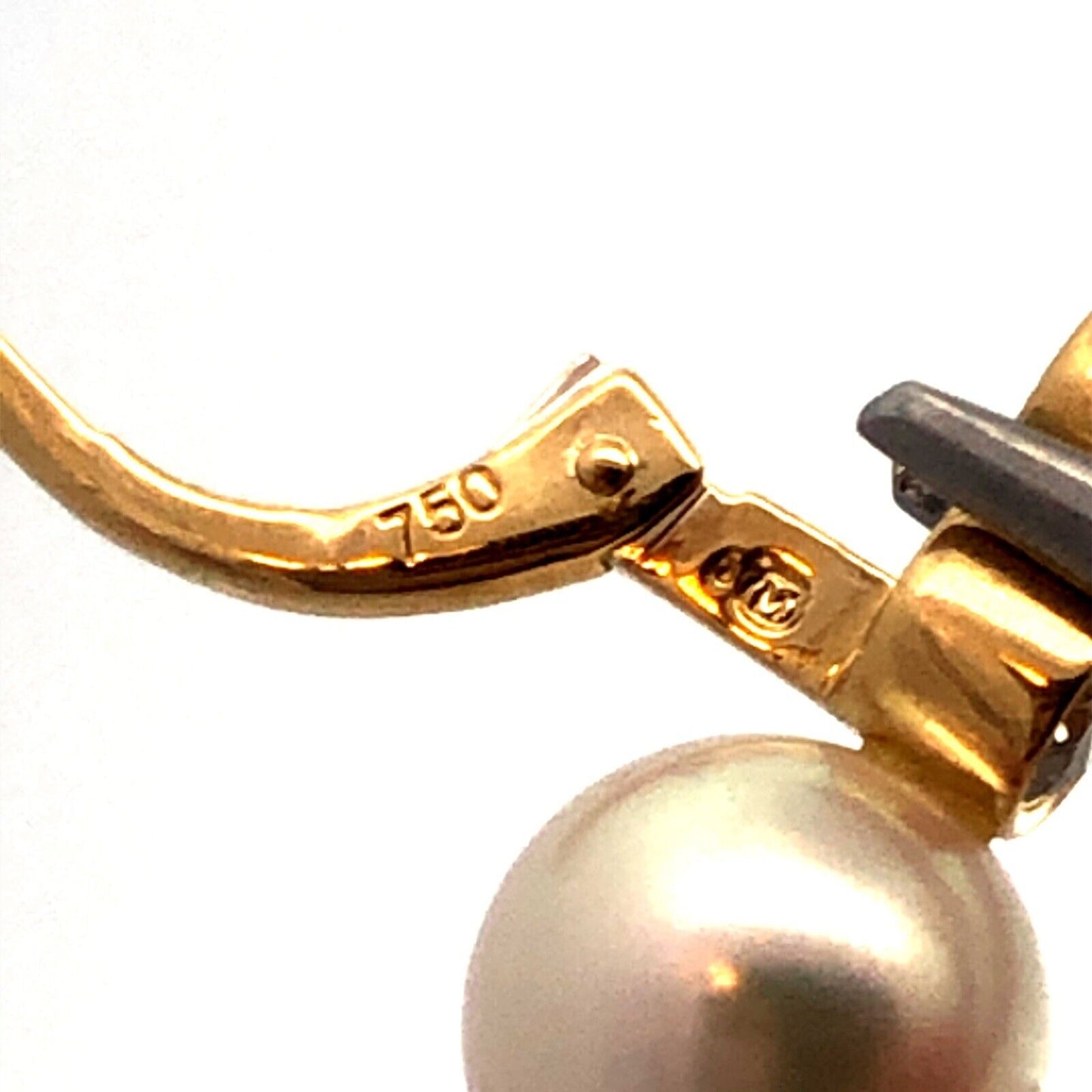 Designer 18K Yellow Gold Round White Pearl Diamond Leverback Hook Earrings