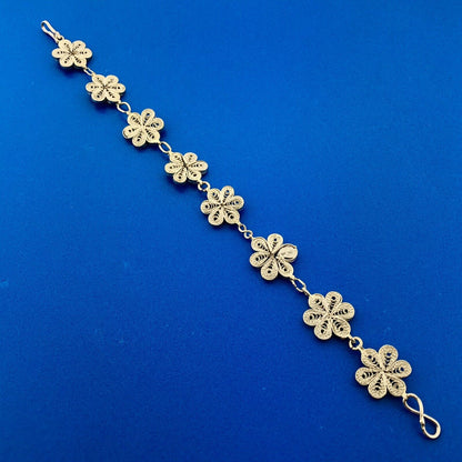 Retro 925 Sterling Silver Vermeil Two Toned Filigree Daisy Flower Panel Bracelet