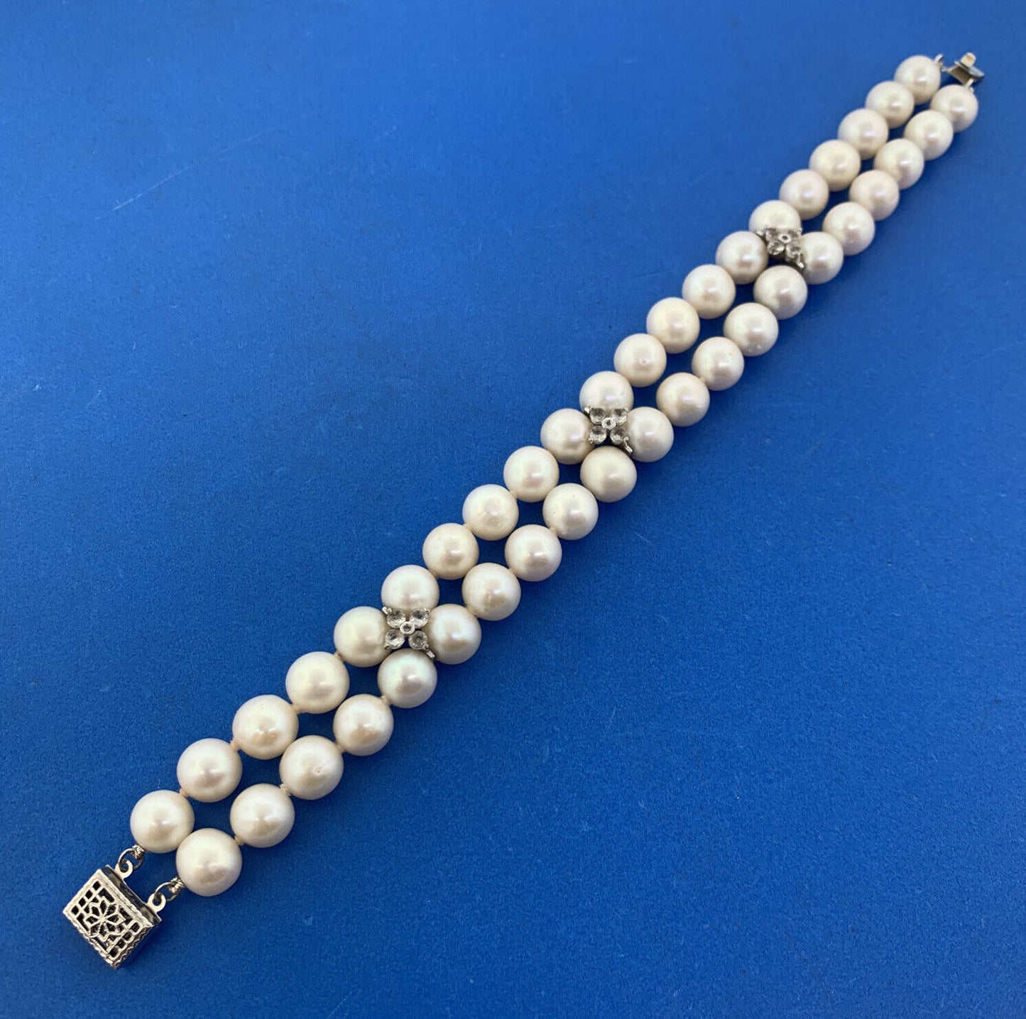 Sterling Silver 925 Pearl White Topaz Accented Double Strand Bracelet