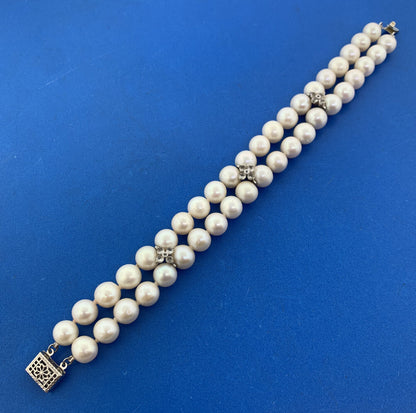 Sterling Silver 925 Pearl White Topaz Accented Double Strand Bracelet