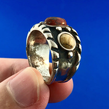 Vintage Native American Artisan 925 Sterling Silver Red Yellow Jasper Band Ring