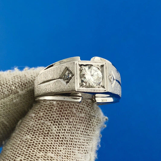 Men's 14k White Gold Round Cut Triple Diamond .51tcw Textured Ring Size 9.25