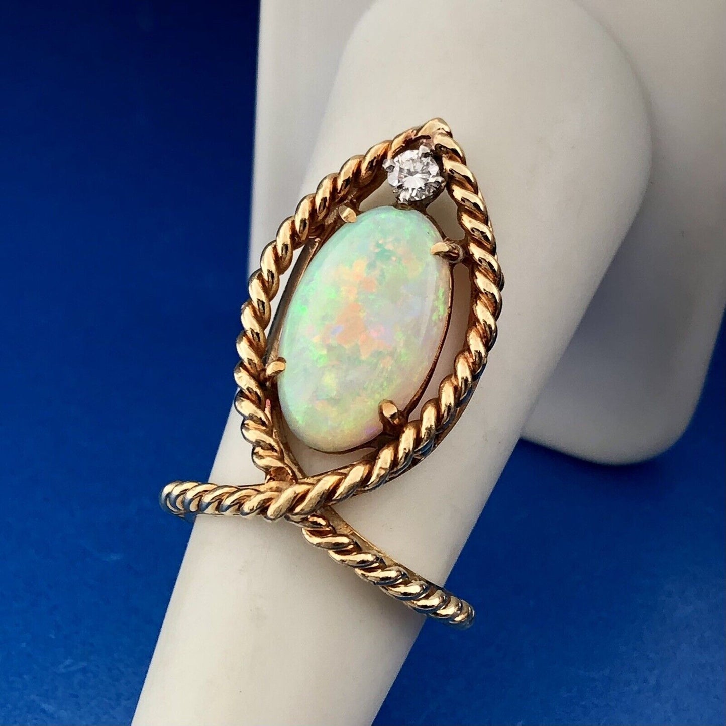 Custom Estate 18K Yellow Gold Oval Opal Diamond Accent Ichthys Statement Ring