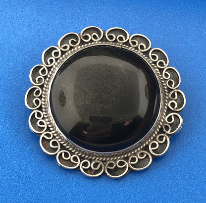 Vintage Taxco JV Sterling Silver 925 Gold Sheen Obsidian Statement Pin Pendant