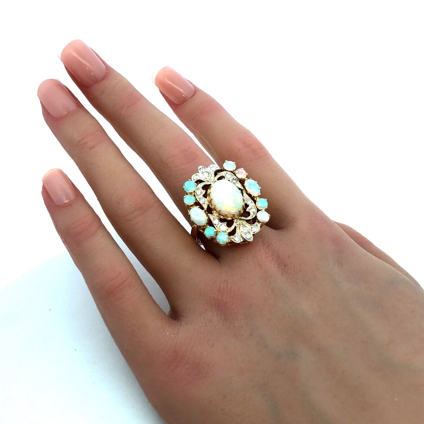 Designer 18K Yellow Gold Oval White Opal Diamond Art Deco Statement Ring