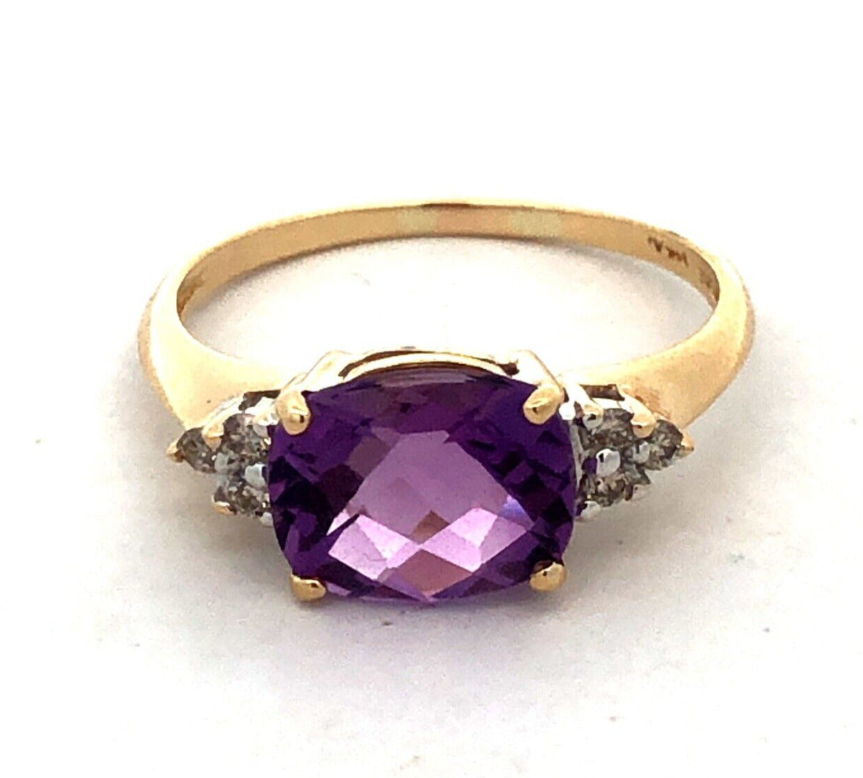 Designer AV 14K Yellow Gold Cushion Cut Purple Amethyst Solitaire Diamond Ring