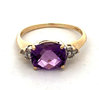Designer AV 14K Yellow Gold Cushion Cut Purple Amethyst Solitaire Diamond Ring