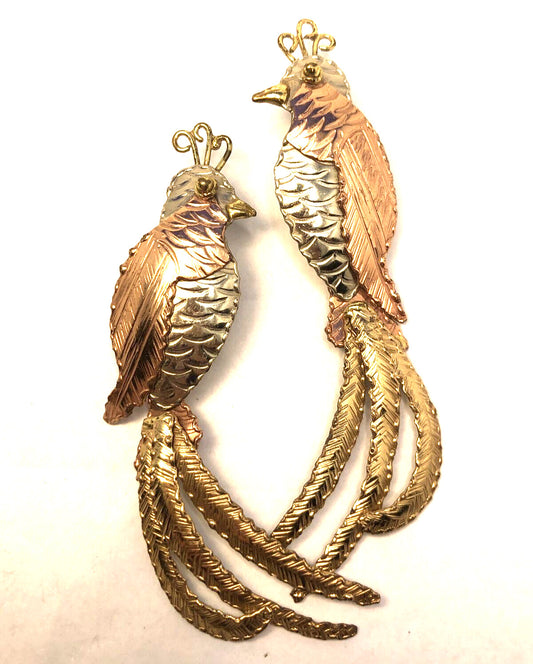 Vintage 1980's Tri-Color Metal Textured Parrot Dangle Statement Stud Earrings