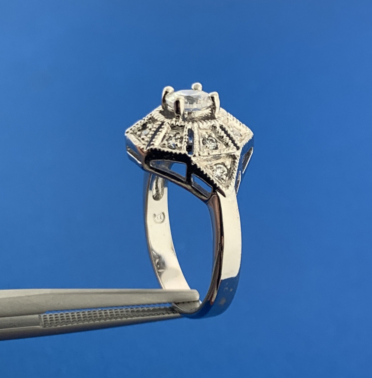 Designer Art Deco Style Sterling Silver Cubic Zirconia Statement Cocktail Ring