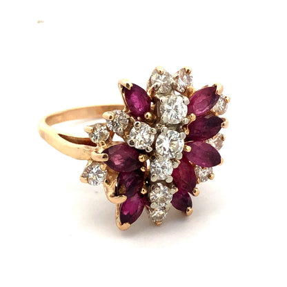 14K Yellow Gold Marquise Ruby Diamond Cluster Waterfall Ring