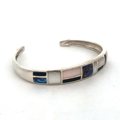 Designer Sterling Silver Abalone Mother Of Pearl Onyx Inlay Open Cuff Bracelet