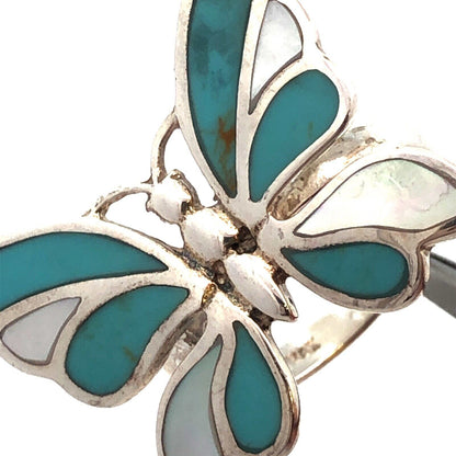 Designer K 925 Sterling Silver Turquoise Mother of Pearl Inlay Butterfly Ring