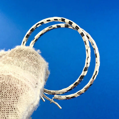 Stunning Sterling Silver 925 Textured 1.5" Hoop Earrings w/ Snap Closure