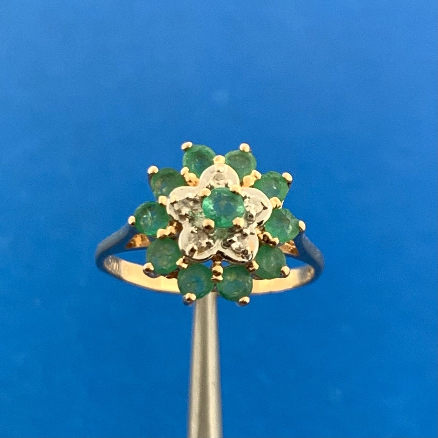 Vintage Designer 14K Emerald Diamond Accent Floral Cluster May Anniversary Ring
