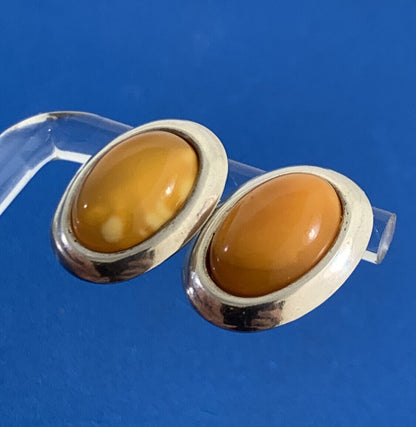 Vintage Orange Lucite 925 Sterling Silver Oval Stud Earrings