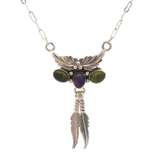 Jay King Desert Rose Trading Sterling Silver Amethyst Peridot Feather Necklace