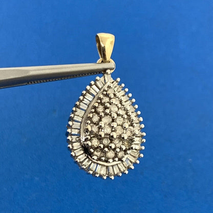 10K Yellow White Gold Diamond Cluster Pear Shaped Statement Pendant