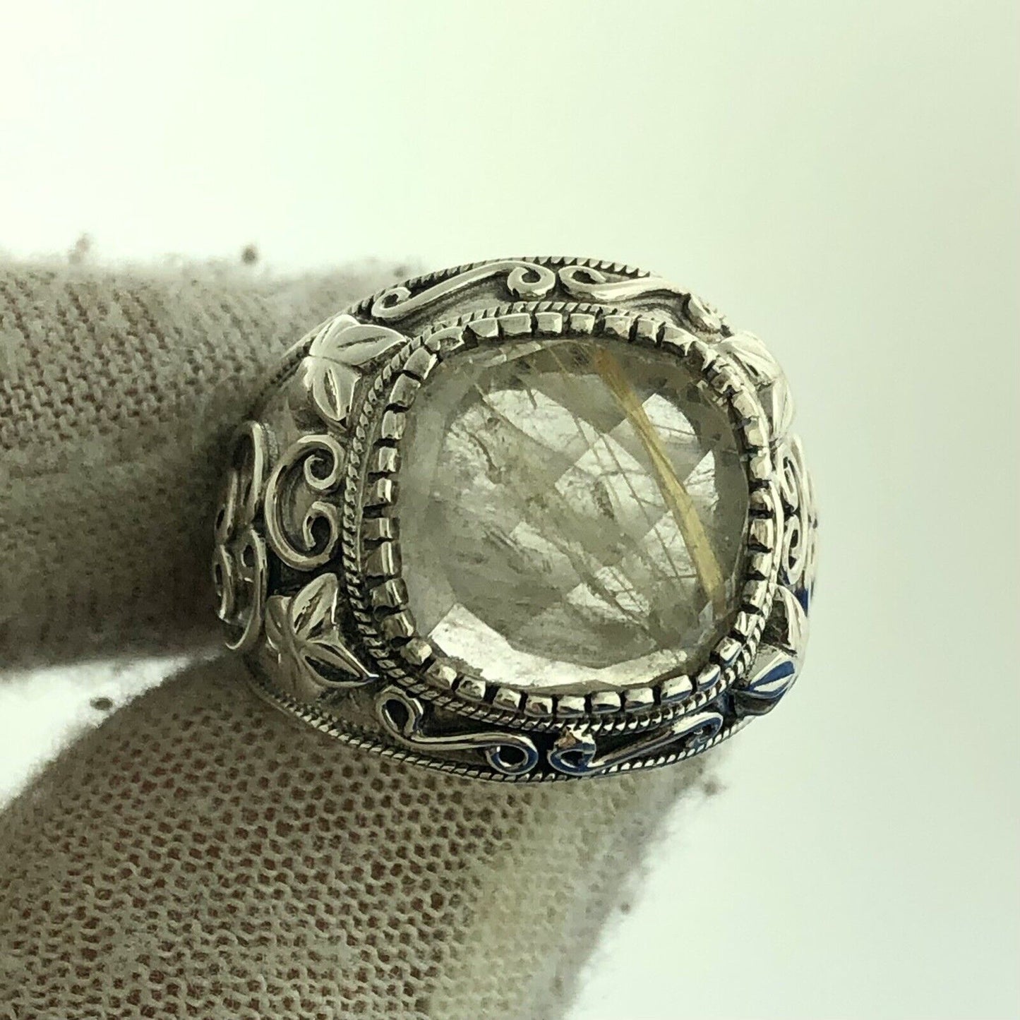 Lovely Sterling Silver 925 Floral Printed Reticulated Quartz Dome Ring Size 7
