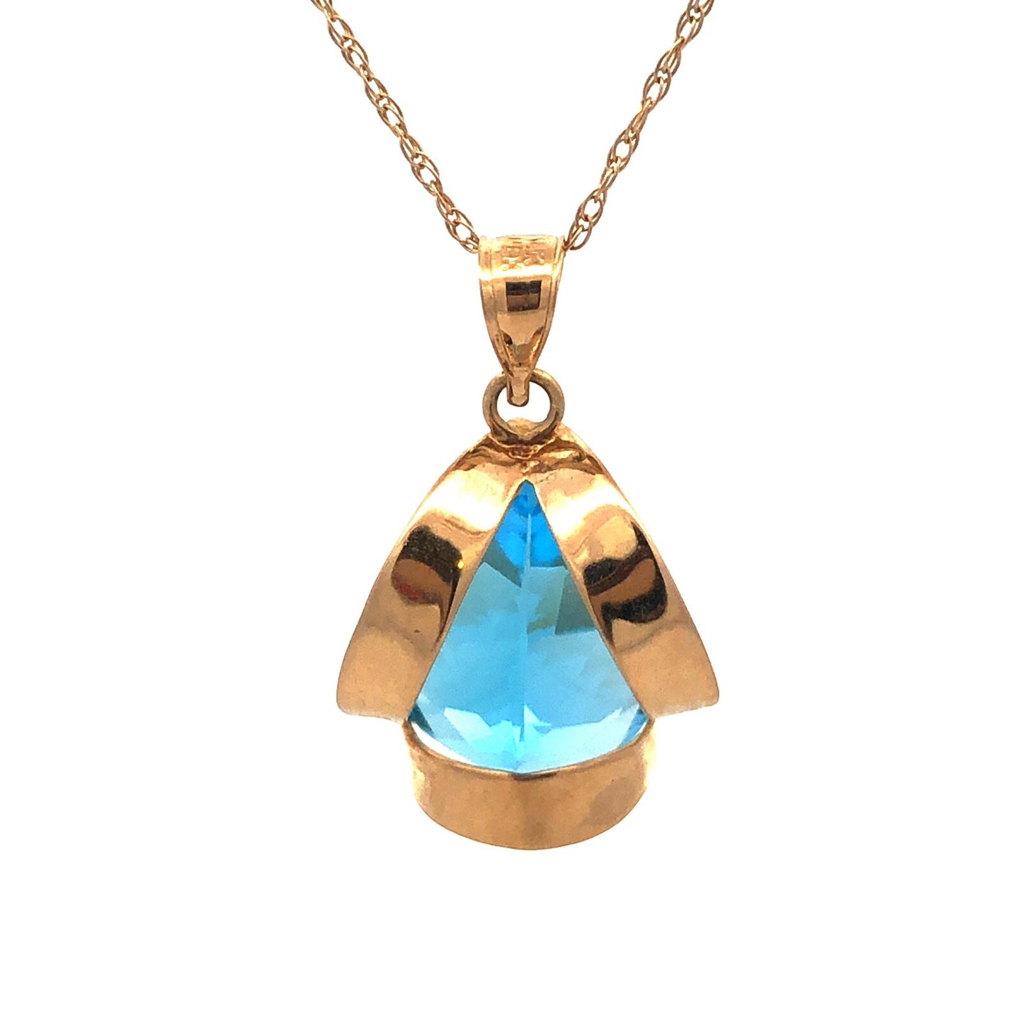 Designer 14K Yellow Gold Pear Blue Topaz Solitaire Statement Pendant Necklace
