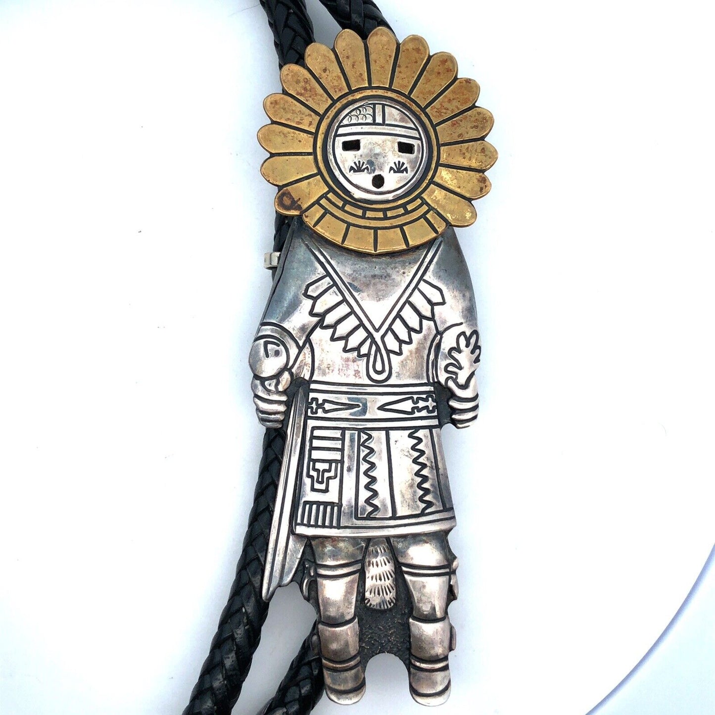 Native American Thomas Singer 925 Sterling Silver Dancer Black Leather Bolo Tie