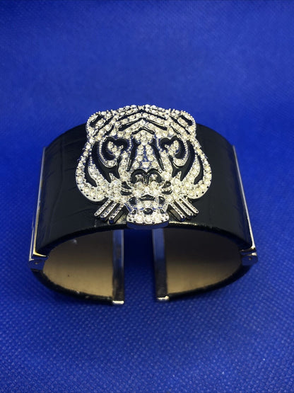 Genuine Black Leather CZ Black Enamel Tiger Head Statement Hinged Cuff Bracelet