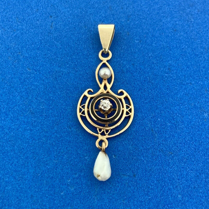 Art Nouveau 10K Yellow Gold Diamond Pearl Black Enamel Drop Dangle Pendant