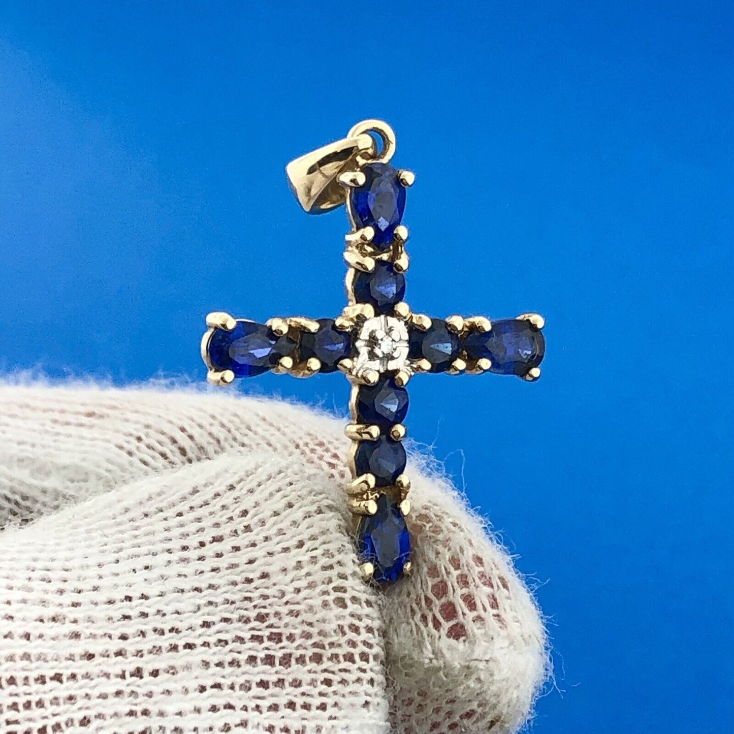 Gorgeous 10k Yellow Gold Blue Spinel Diamond Faith Religious Cross Pendant