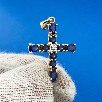 Gorgeous 10k Yellow Gold Blue Spinel Diamond Faith Religious Cross Pendant