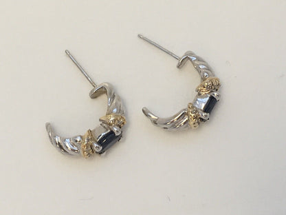 Stunning 14K White Yellow Gold Oval Sapphire Diamond Half Hoop Earrings