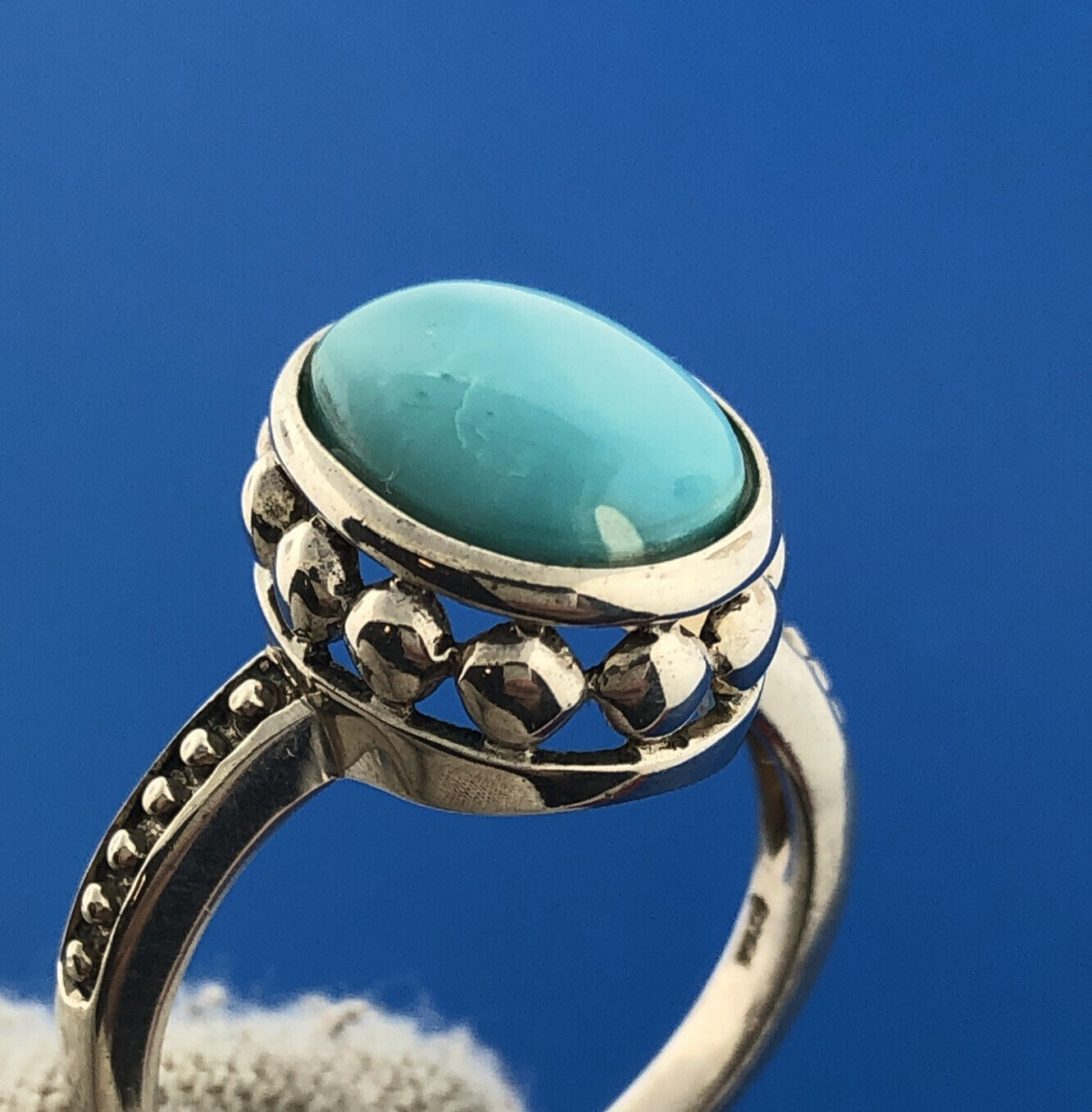 Designer China Sterling Silver Oval Sleeping Beauty Turquoise Cocktail Ring