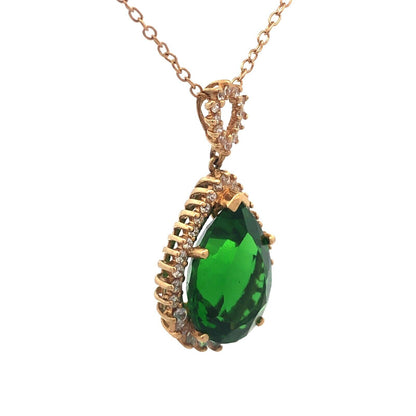 Designer Stauer 10K Yellow Gold Green Pear CZ Halo Statement Pendant Necklace