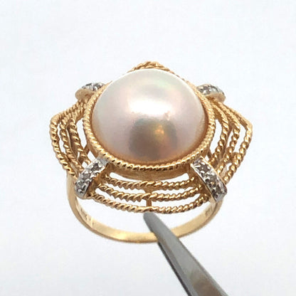 Gorgeous 14k Yellow Gold Mabe Pearl Wavy Braid Diamond Accent Ring Size 6.75
