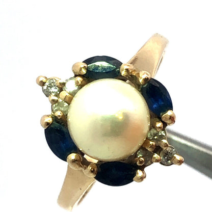 Designer 14K Yellow Gold Pearl Solitaire Sapphire Diamond Accented Cocktail Ring