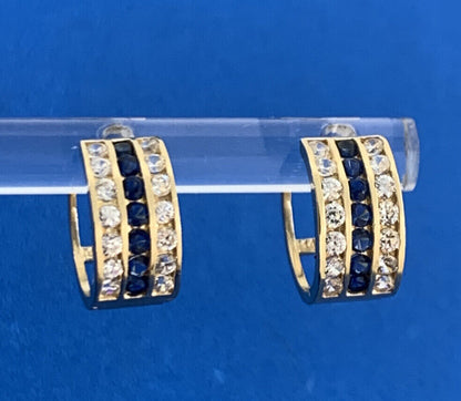 Designer JTS 14K Yellow Gold White Topaz Blue Sapphire Huggie Hoop Earrings
