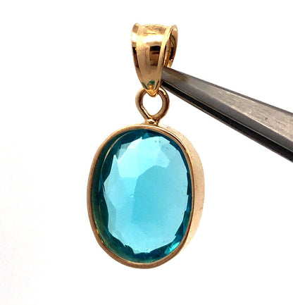 Designer H 14K Yellow Gold Oval Blue Cubic Zirconia CZ Solitaire Bezel Pendant