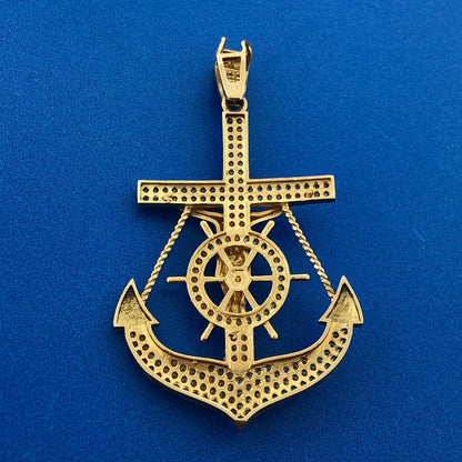 10K Yellow White Gold CZ Statement Sailors Cross Anchor Mariners Cross Pendant