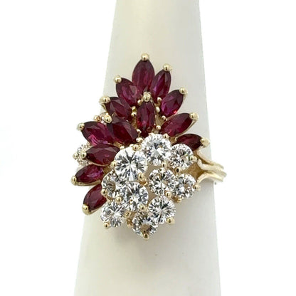 Vintage 18K Yellow Gold Round Diamond Marquise Lab Created Ruby Waterfall  Ring
