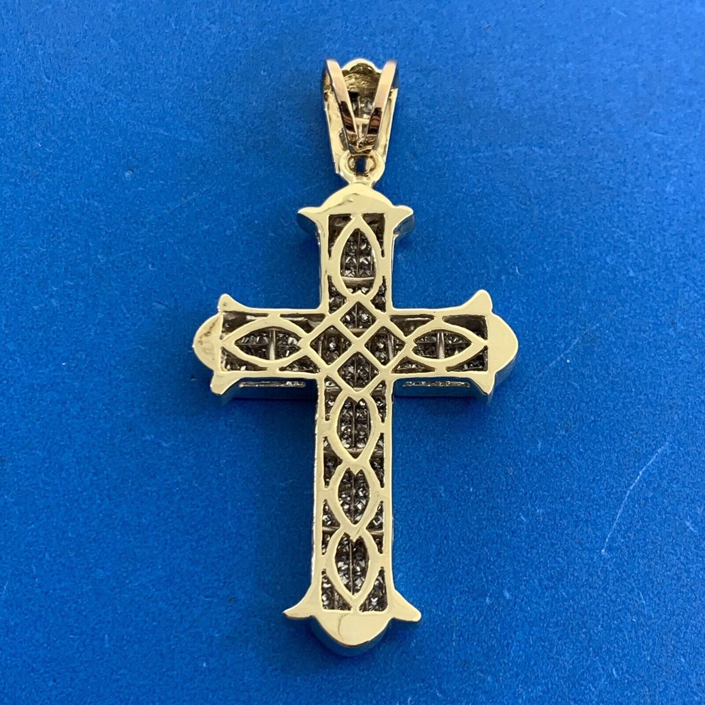 Custom 14K Yellow Gold Princess Diamond Statement Religious Cross Pendant