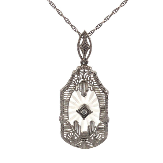 Vintage MSCo 14K White Gold Diamond Carved Art Glass Filigree Pendant Necklace