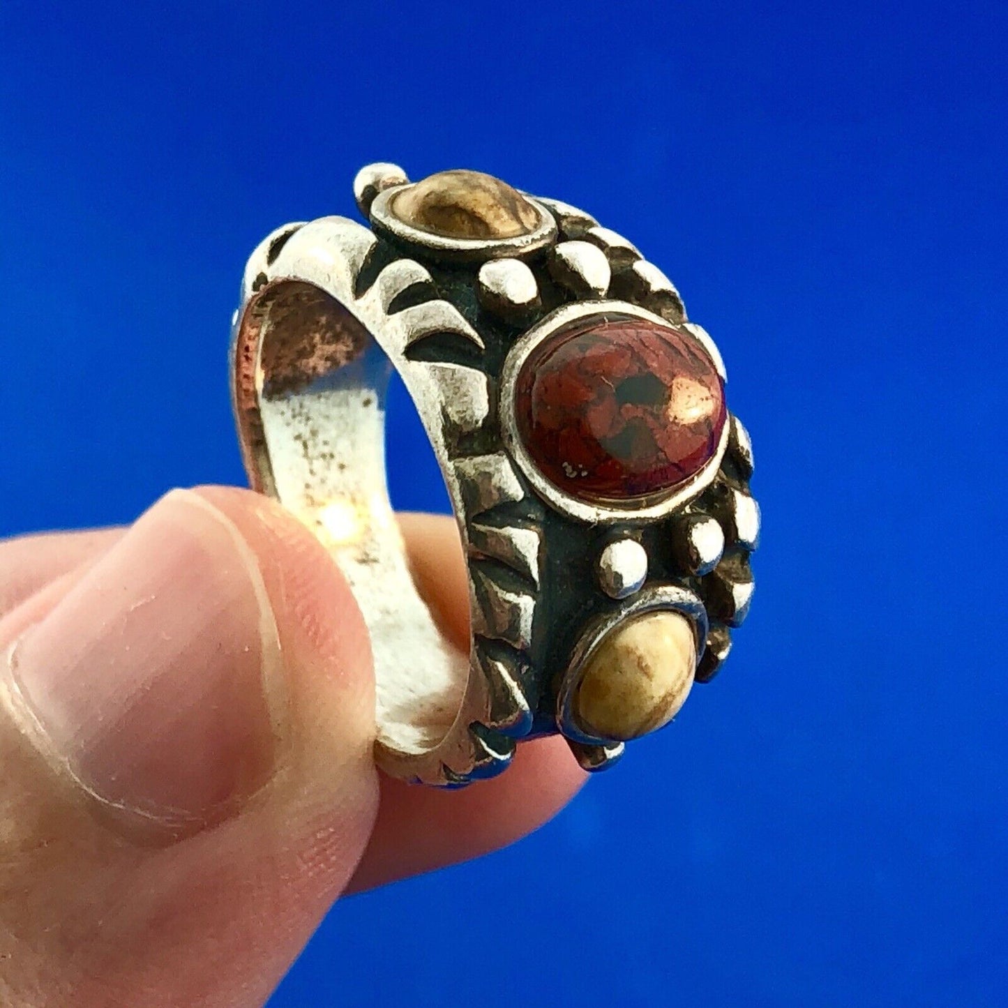 Vintage Native American Artisan 925 Sterling Silver Red Yellow Jasper Band Ring